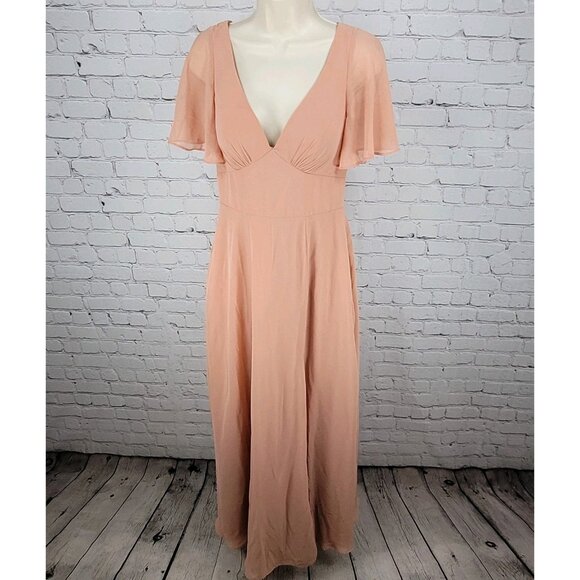 Azazie Pink Flutter Sleeve Empire Waist Tie Back Maxi Dress Size A4 - Picture 1 of 16